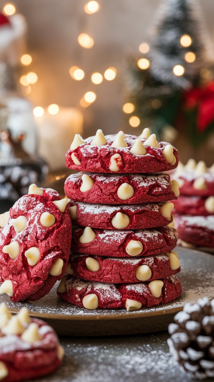 Chewy red velvet cookies with white chocolate chips on a festive plate.